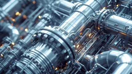 Intricate close-up of metallic industrial pipes and connectors with glowing elements in a factory