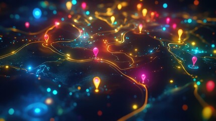 Colorful location pins highlighting points of interest are displayed on a futuristic, glowing map, representing modern navigation and location based services