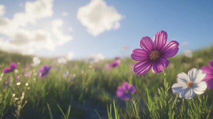 Fototapeta premium Vibrant Cosmos Flowers Bloom In Sunny Field