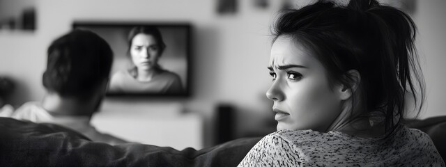 A woman sits on the couch with her head in her hands, looking sad and introspective as she sits next to an unengaged man who is watching TV.
