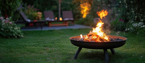 Friends enjoying a cozy barbecue evening around a fire pit in a serene backyard setting with ample empty space for text or captions