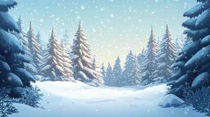 Fototapeta premium Snowy winter landscape featuring tall coniferous trees and snowdrifts in a serene forest clearing with ample copyspace for text.