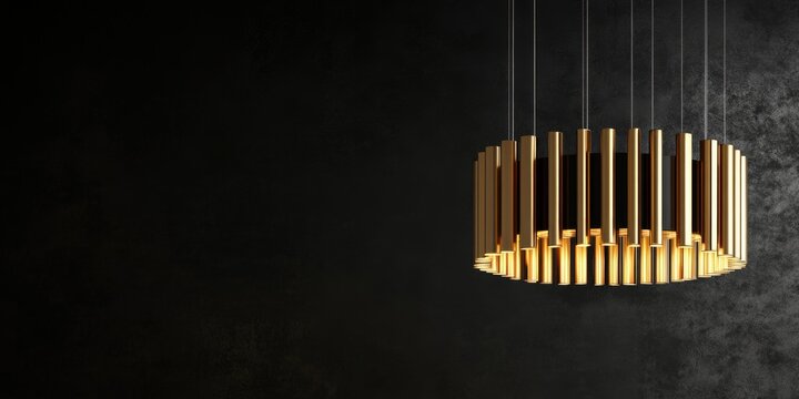 Chic modern golden chandelier suspended against dark wall with ample space for text or branding elements
