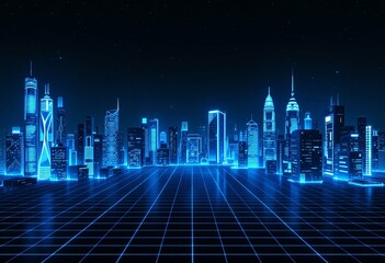 Retro synthwave city skyline with neon blue grid landscape. Futuristic urban digital art with glowing skyscrapers against night sky. Virtual metropolis concept for technology design