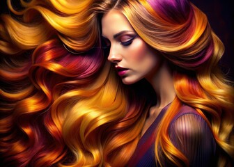 Naklejka premium Low-light magic: showcasing vibrant purple, blonde, orange, and red hair waves.