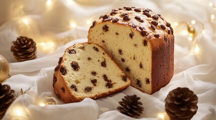 Sliced panettone with plant-based milk on soft fabric adorned with string lights and festive decorations in a holiday setting