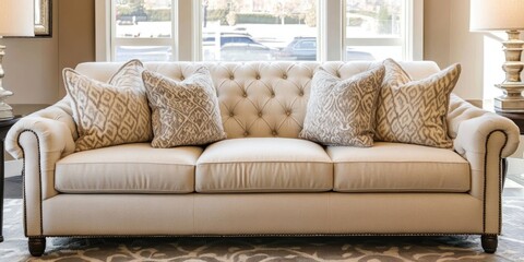Elegant living room design with a beige tufted sofa and decorative pillows creating a warm and inviting atmosphere for interior decor use