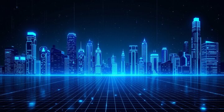 Digital city skyline with futuristic blue neon glow effect. Modern urban metropolis at night with grid reflection. Technology and innovation concept for smart city visualization