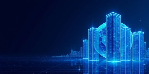 Digital city skyline with glowing blue neon buildings and moon on dark background. Modern urban technology concept. Futuristic metropolis visualization with copy space