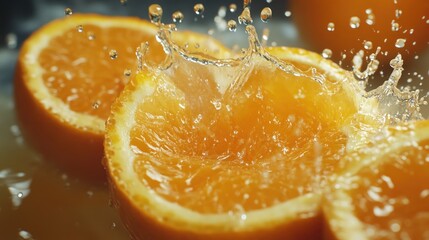 Freshly sliced orange segments with vibrant juice splashes creating a refreshing and energizing display of citrus goodness.