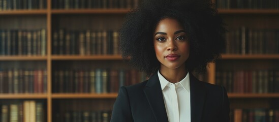 Confident African American woman in formal suit standing in law firm office with bookshelves and ample copy space for text or branding