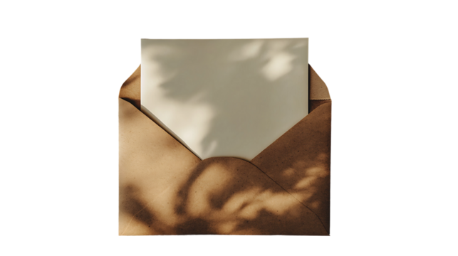 kraft brown envelope, white card on grey background