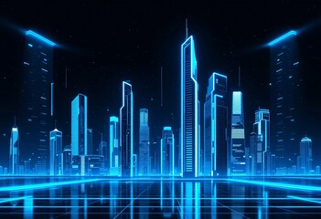 Fototapeta premium Futuristic city skyline with glowing blue neon skyscrapers and light trails in night. Modern urban landscape with reflections. Digital cityscape background for technology, future concepts