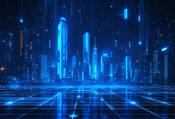 Futuristic blue neon city skyline with glowing grid floor. Digital cyber metropolis landscape with high-rise buildings and light effects. Technology concept for virtual reality background