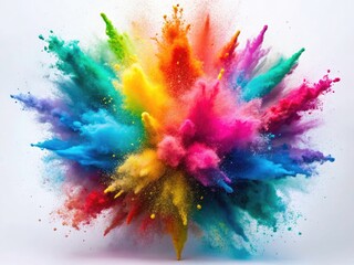 Low-light photography captures a burst of multicolored powder, its frozen cloud a kaleidoscope against a white background.