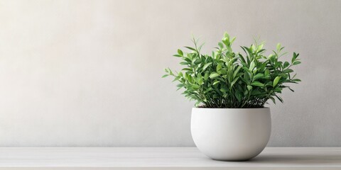Elegant Indoor Plant in White Pot with Lush Green Leaves on Minimalist Table Against Neutral Background for Text Overlay and Calm Atmosphere