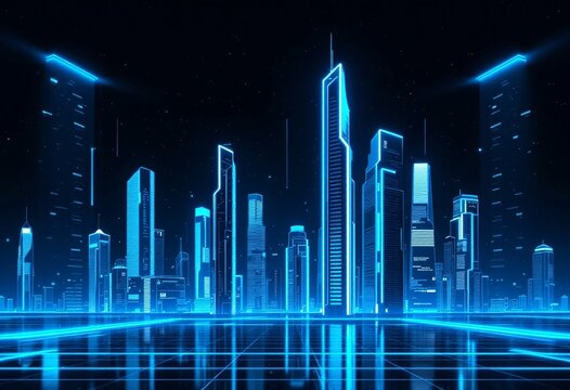 Futuristic city skyline with glowing blue neon skyscrapers and light trails in night. Modern urban landscape with reflections. Digital cityscape background for technology, future concepts