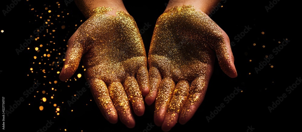 Wall mural glittering hands holding shimmering particles on a dark background with ample space for text and car