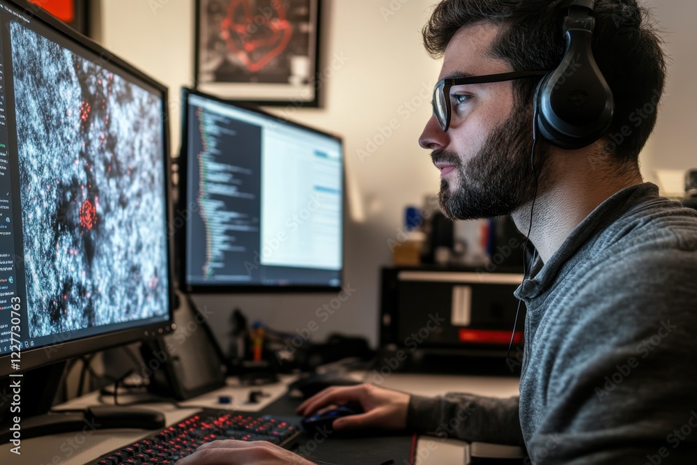 Poster man coding with dual monitors in a cozy workspace during evening hours