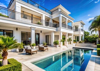 Fototapeta premium Luxurious modern white house boasts a large balcony and pool, embodying sophisticated outdoor living.