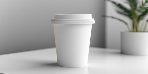 Elegant white coffee cup mockup on minimalist table with high-key lighting and ample space for branding or text placement.