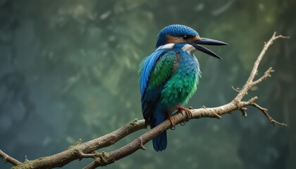 Obraz premium Perched kingfisher with bright blue and green plumage, common kingfisher, avian