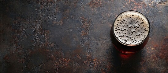 Dark beer in a glass with a frothy head on textured background showcasing beverage details and space for promotional text or branding.