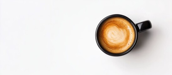Black ceramic espresso mug with coffee on white background ideal for advertising and design projects featuring empty space for text.