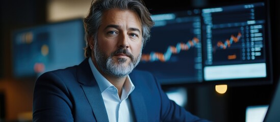 Fototapeta premium Focused middle-aged trader analyzing market data at desk in modern office showcasing investment concepts with room for text placement
