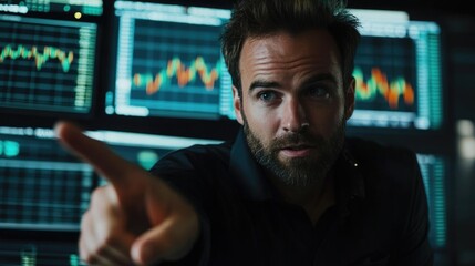 Forex trader analyzing fluctuating stock data with candlestick charts, emphasizing online trading concepts and market trends for financial strategies.