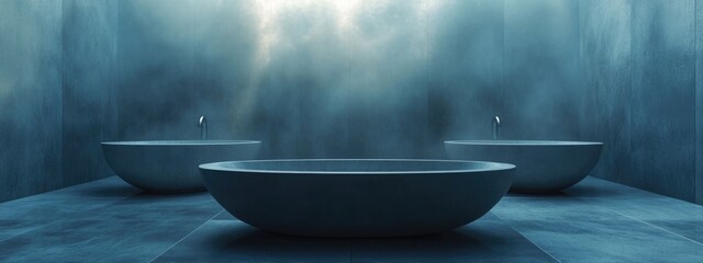Serene minimalist bathroom featuring two concrete bathtubs enveloped in dreamy fog creating a tranquil oasis with ample empty space for text
