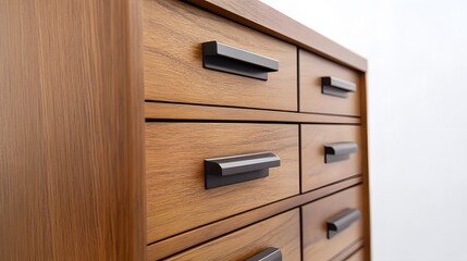 63. A wooden file cabinet with modern handles and storage space, placed against a white background