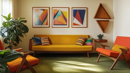 Mid-century modern living room, sunny interior design