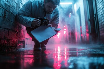 A journalist with a notepad and camera, secretly investigating a corporate scandal in a dark alley, with neon city lights reflecting off the wet pavement, copy space background