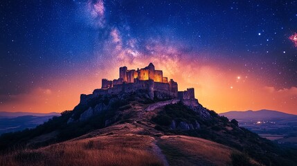 Obraz premium A castle sits atop a hill under a starry sky.
