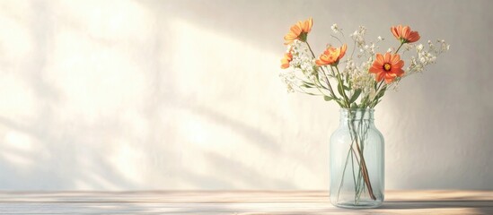 Glass vase with fresh flowers on a table creating a serene atmosphere and ample space for text or design elements in soft lighting