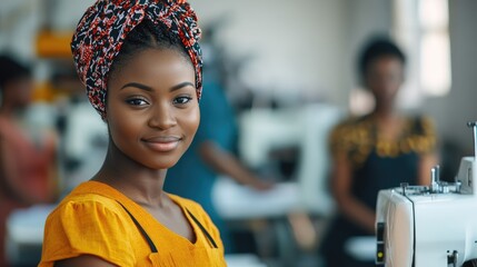 Women in sewing factory engaged in fashion production with tailored machines featuring empty copyspace for text placement and diverse background.