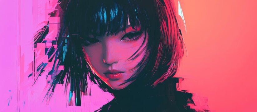 Glitched abstract digital art featuring a vibrant female portrait with ample space for customizable text or design elements.