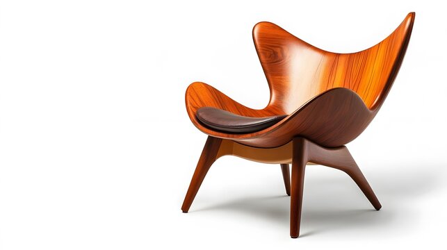 67. A modern wooden lounge chair with a curved backrest, isolated against a white surface