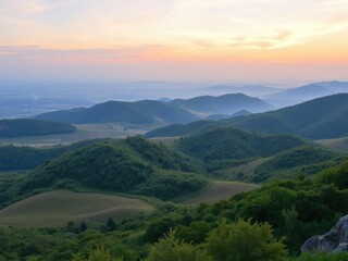 Obraz premium Panoramic view of serene landscape at dawn, serene landscape, valley