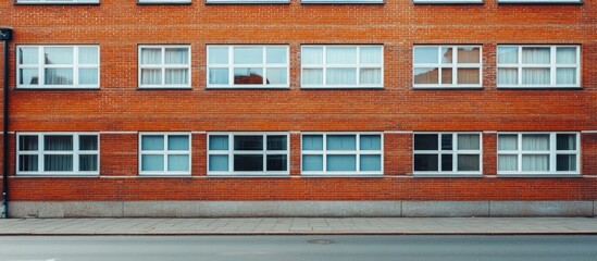 Obraz premium Mid century European brick building featuring rows of windows and false symmetry with street view and nearby structures in urban setting