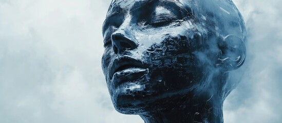 Futuristic chrome human head reflecting technology metaverse and AI elements with space for text in a modern digital world