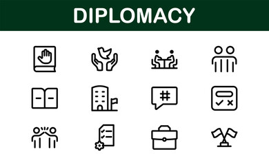 Diplomacy Icons. Professional Vector Illustrations for International Relations, Negotiations, and Global Communication Projects
