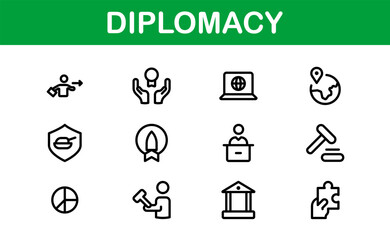 Diplomacy Icons. Professional Vector Illustrations for International Relations, Negotiations, and Global Communication Projects