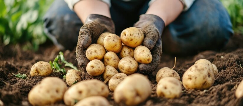 Female farmer carefully harvesting organic early potatoes from the soil showcasing sustainable agriculture and hands-on vegetable cultivation.