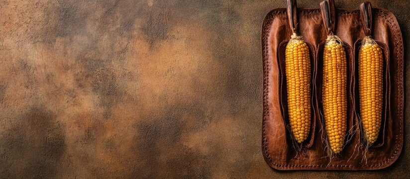 Grilled corn on a vintage platter with rustic background and ample text space for food and summer themed promotions