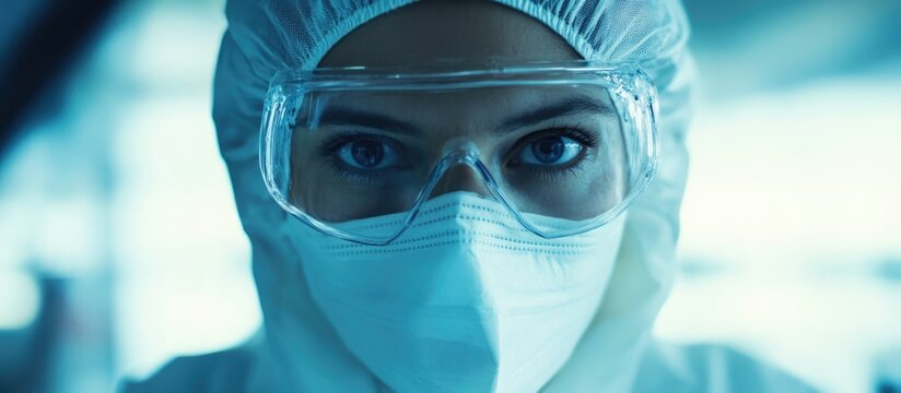 Factory worker in protective gear performing quality inspection focused on details with clear space for text or branding.
