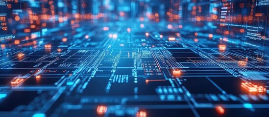 Futuristic circuit board design featuring vibrant data transfer elements and ample space for text or graphics in a modern technology context