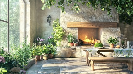 Obraz premium Cottage Interior with Bright Summer Decor and Green Plants by Stone Fireplace Creating a Warm and Inviting Atmosphere