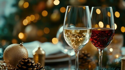 Festive table setting with glasses of white and red wine surrounded by holiday decorations and bokeh lights for a celebratory atmosphere